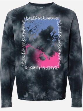 NWT Twenty One Pilots Black Tie-Dye Crewneck with Blue and Pink Graphic